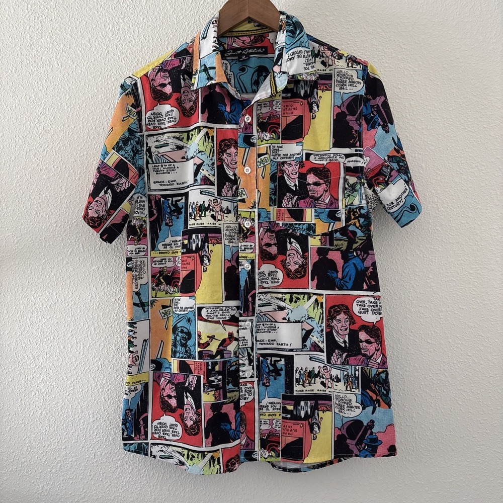 Just‎ Attitude Men's Comic Strip Print Button Down Short Sleeve M Shirt Novelty